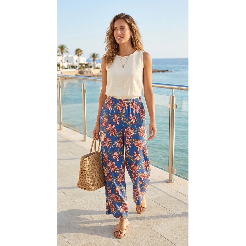 A New Day Blue Tropical Floral Wide Leg Linen Blend Pants M Short NWT